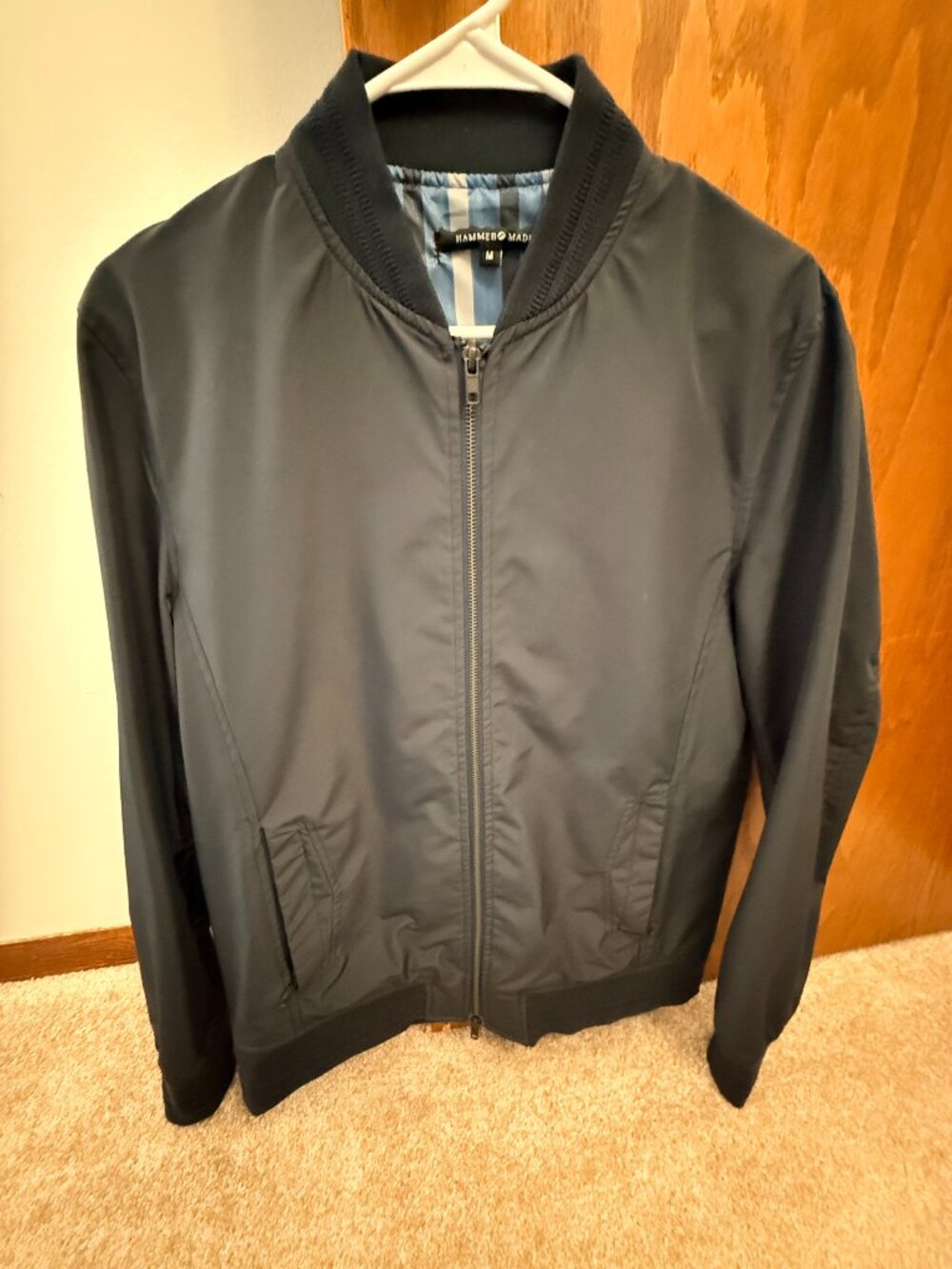 Hammer Made Men’s Navy Full-Zip Bomber Jacket Medium Striped Lining